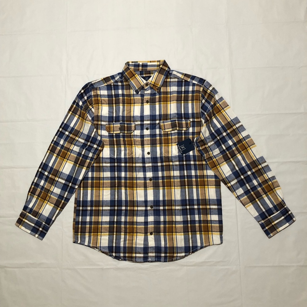 NWT George Mens Long Sleeve Cotton Button-Down Plaid Beige Combo Flannel Shirt L